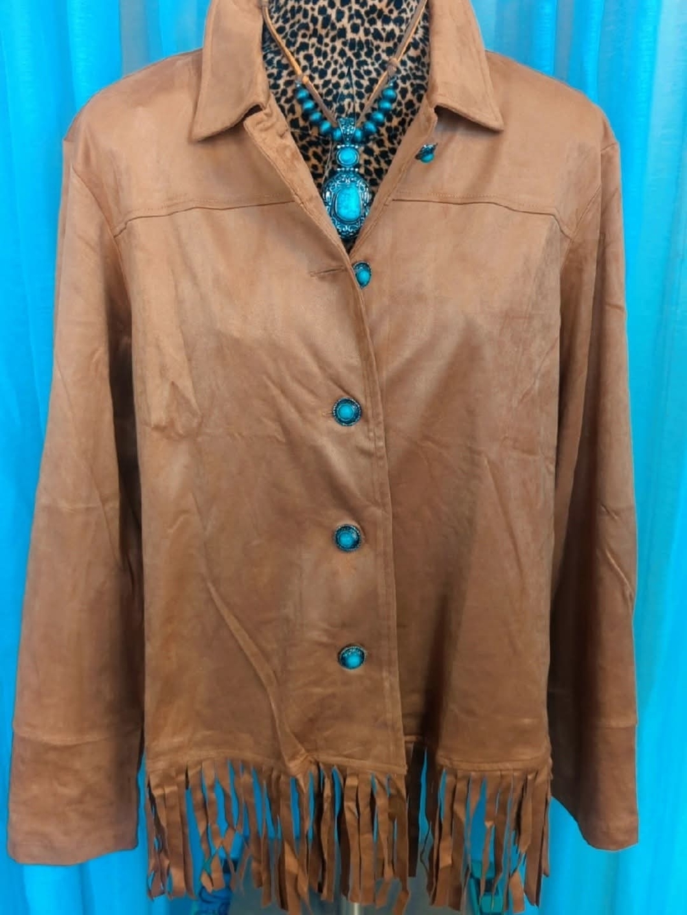 Fringe Hem Suede Button-Front Jacket - Brown with Turquoise Accents